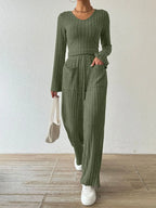 Ribbed V-neck Long Sleeve Top Pocketed Pants Set (7)