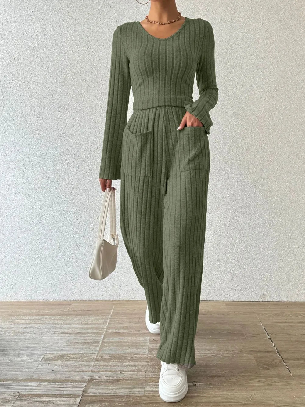 Ribbed V-neck Long Sleeve Top Pocketed Pants Set (7)