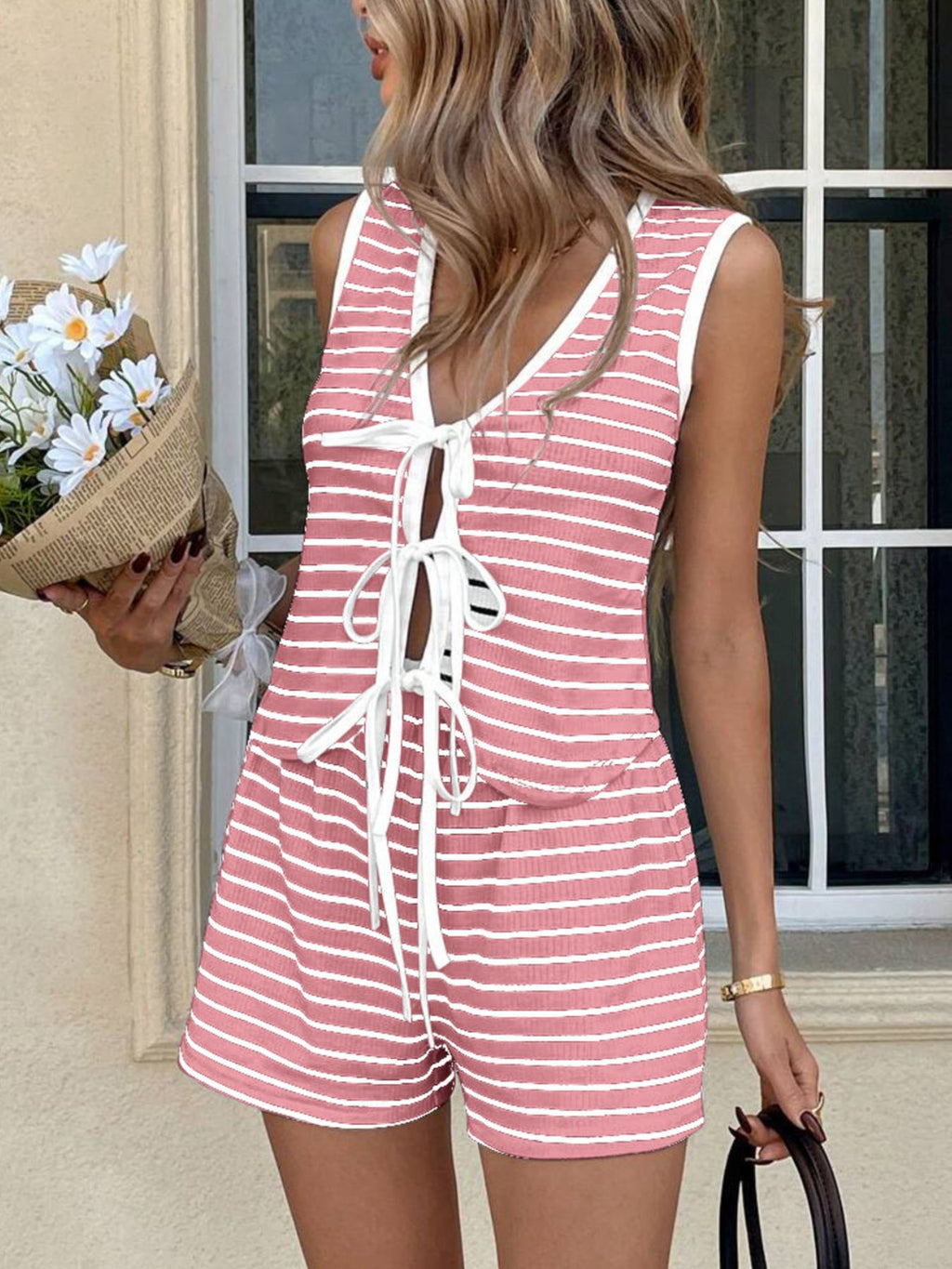Striped Knit Tie-front Sleeveless Top Shorts Set (16)
