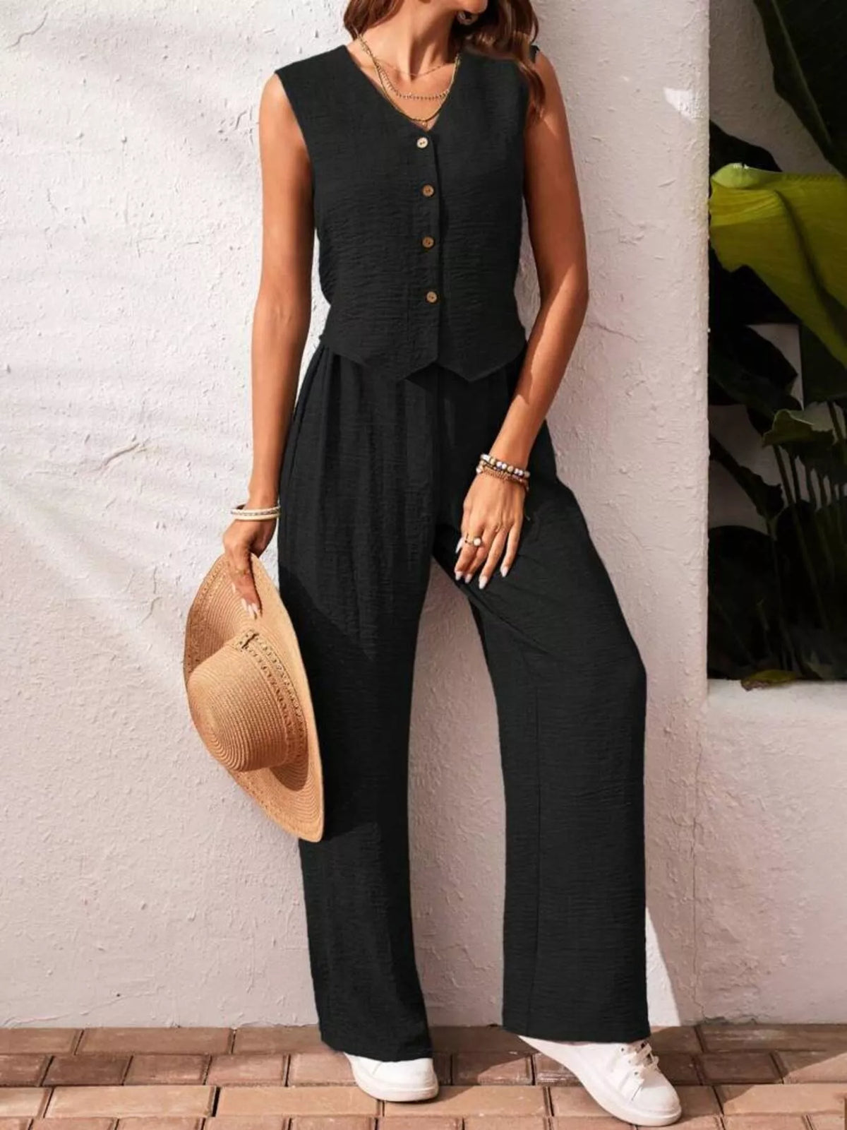 Button-down Vest Wide Leg Pants Set (11)