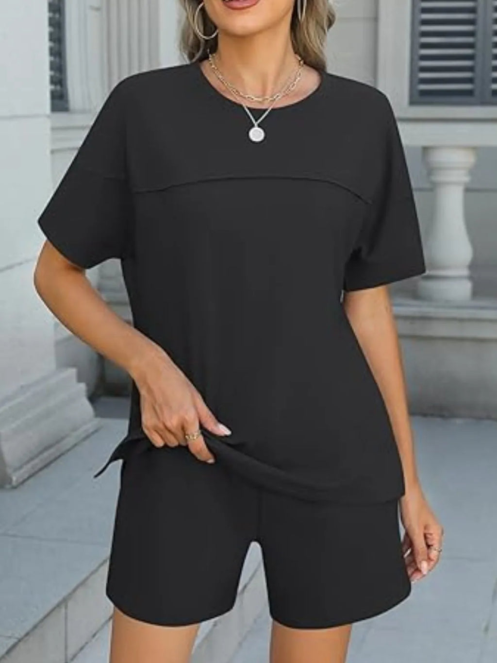 Round Neck Short Sleeve Top Shorts Set (11)