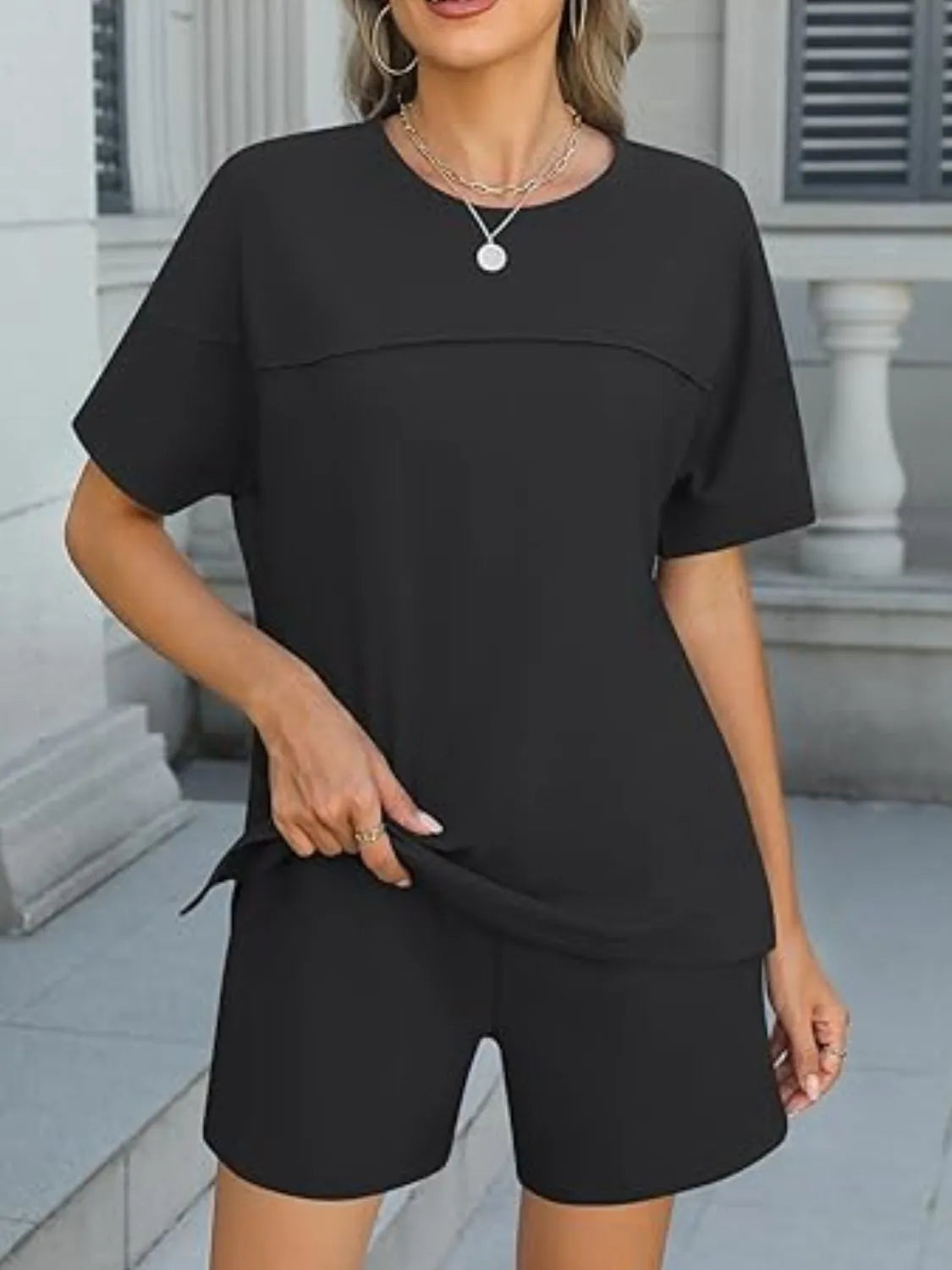 Round Neck Short Sleeve Top Shorts Set (11)