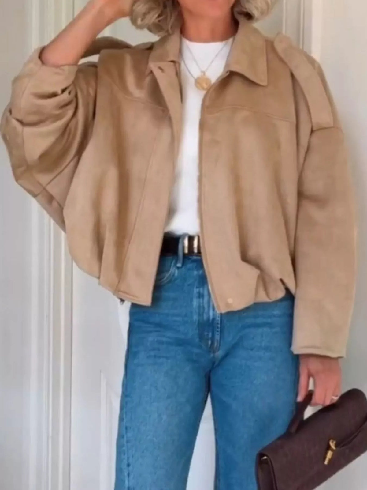 Zip Up Dropped Shoulder Suede Jacket (2)
