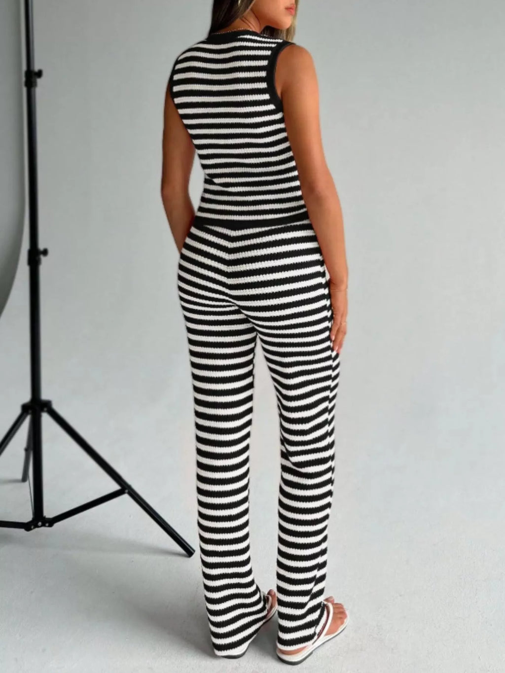 Striped Knit V-neck Button-up Sleeveless Top Flare Pants Set (17)