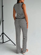 Striped Knit V-neck Button-up Sleeveless Top Flare Pants Set (17)