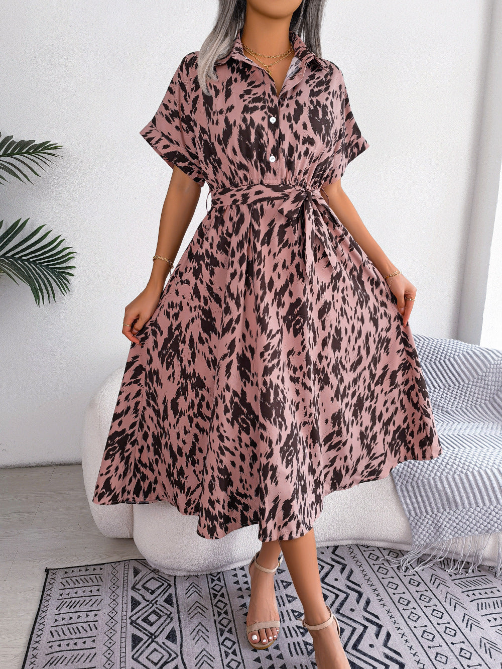 Printed Collared Neck Short Sleeve Tie Waist Dress (6)