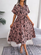 Printed Collared Neck Short Sleeve Tie Waist Dress (6)
