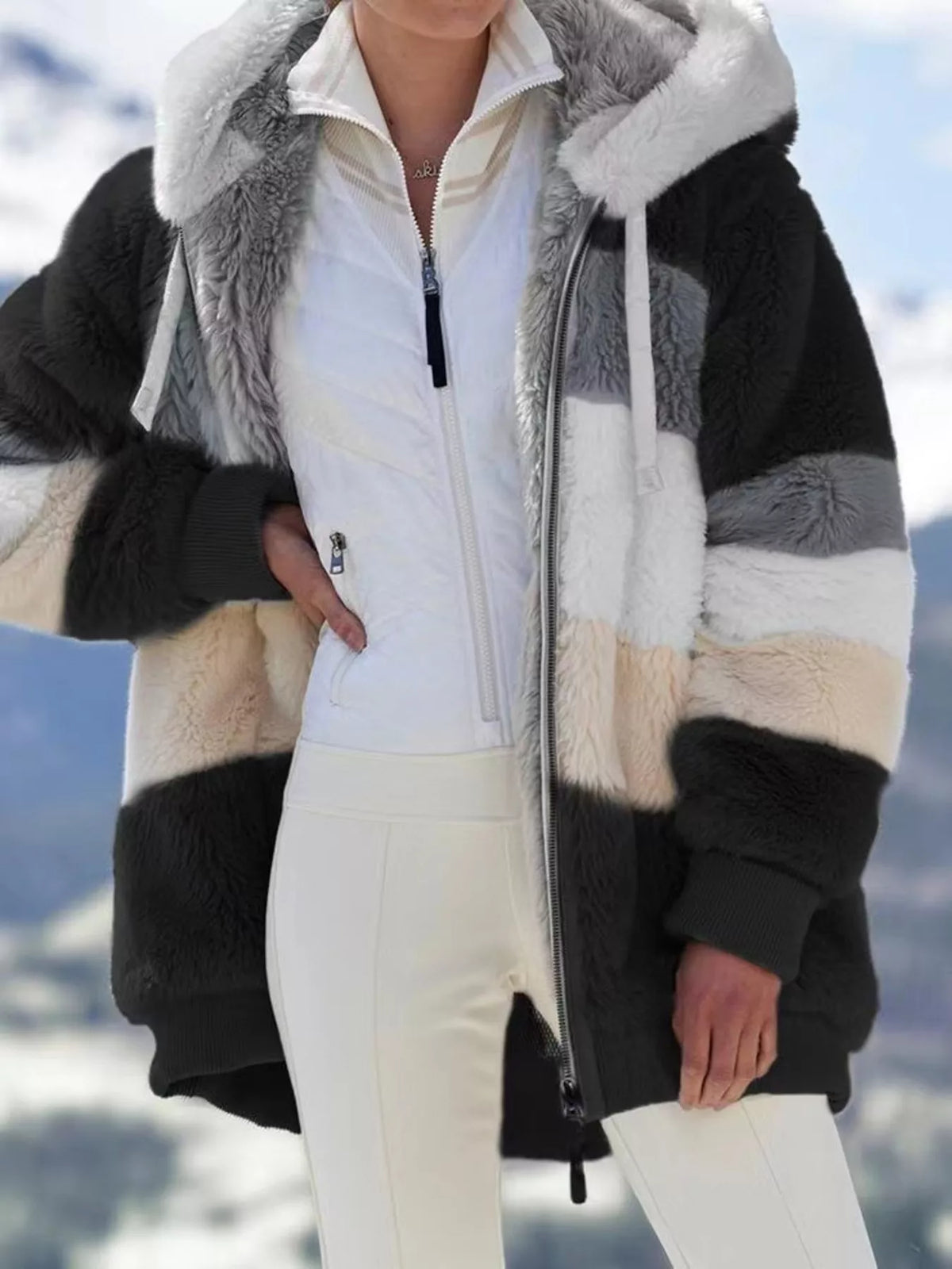 Full Size Fuzzy Zip Up Hooded Outerwear Plus (12)