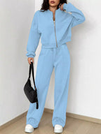 Casual Solid Color Zipper Jacket Wide Leg Pants Set (16)