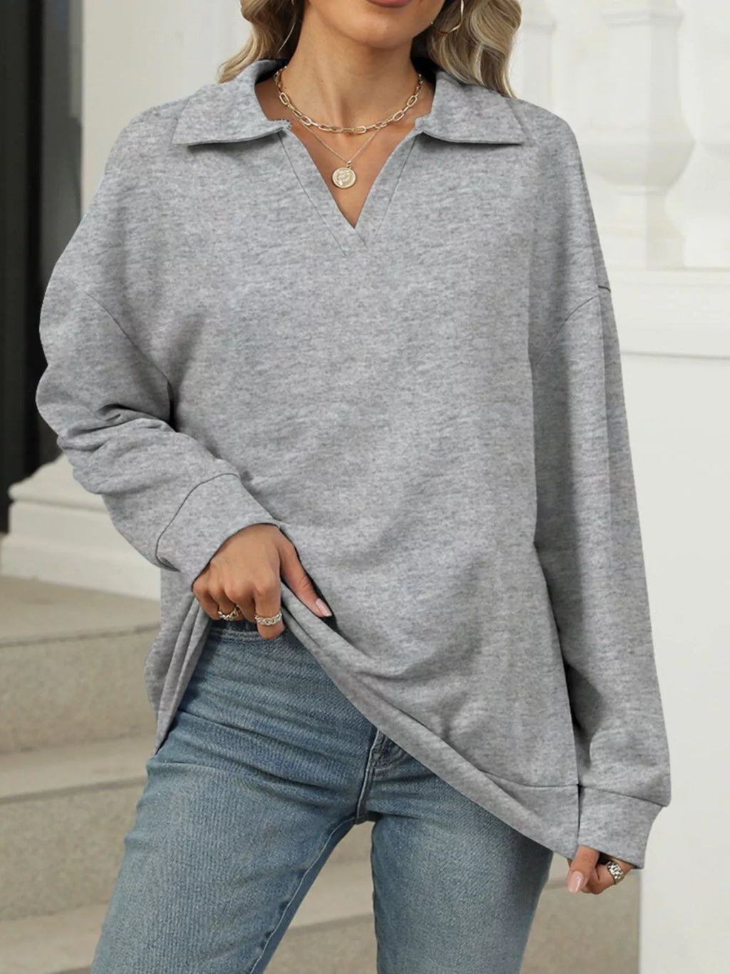 Johnny Collar Drop Shoulder Long Sleeve Sweatshirt (5)