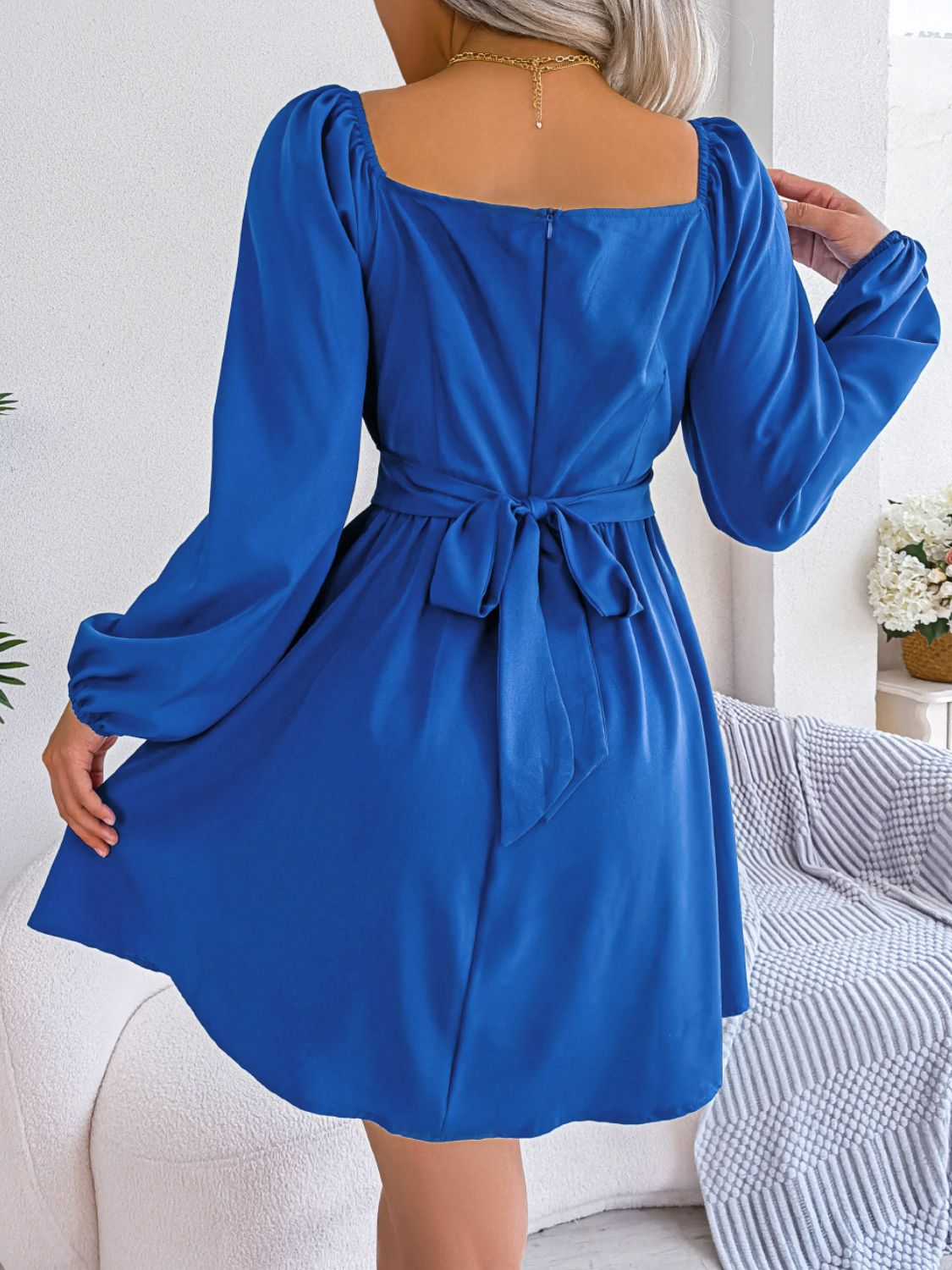 Tied Square Neck Balloon Sleeve Dress (9)