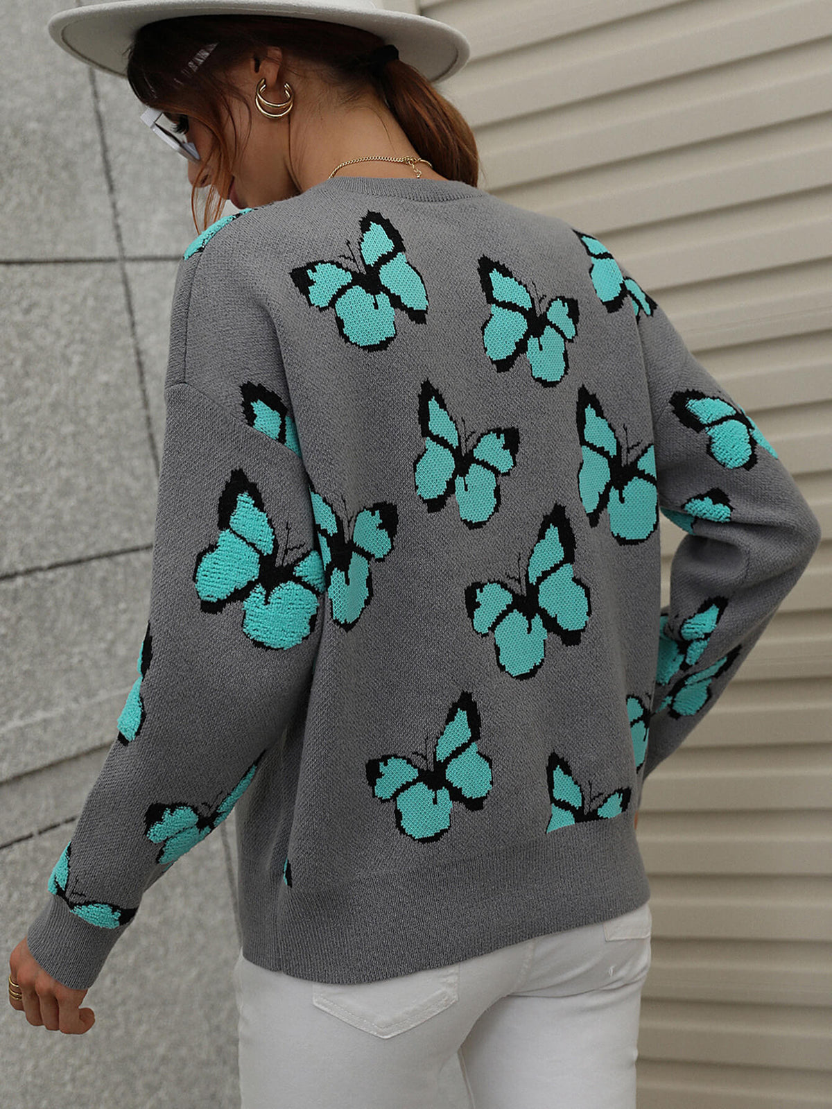 Butterfly Dropped Shoulder Crewneck Sweater (17)