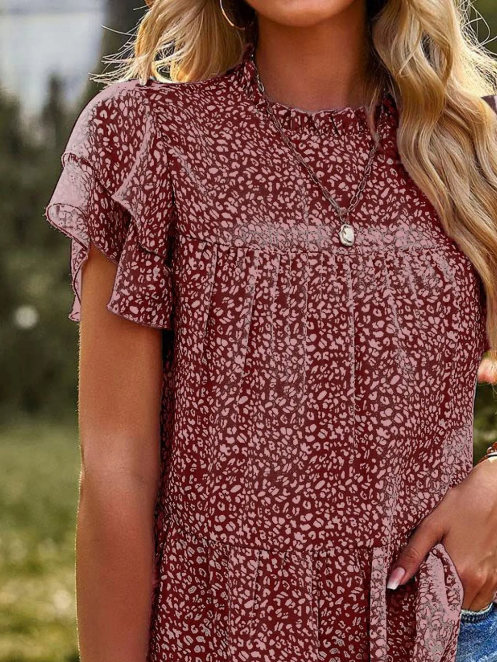 Printed Ruffle Sleeve Babydoll Blouse (17)
