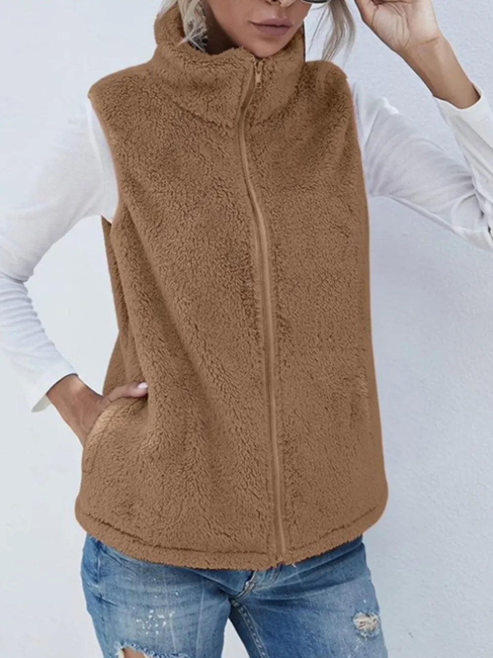 Full Size Fuzzy Zip Up Vest Coat Pockets