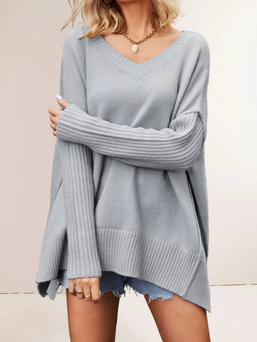 V-neck Ribbed Sleeve Sweater (4)