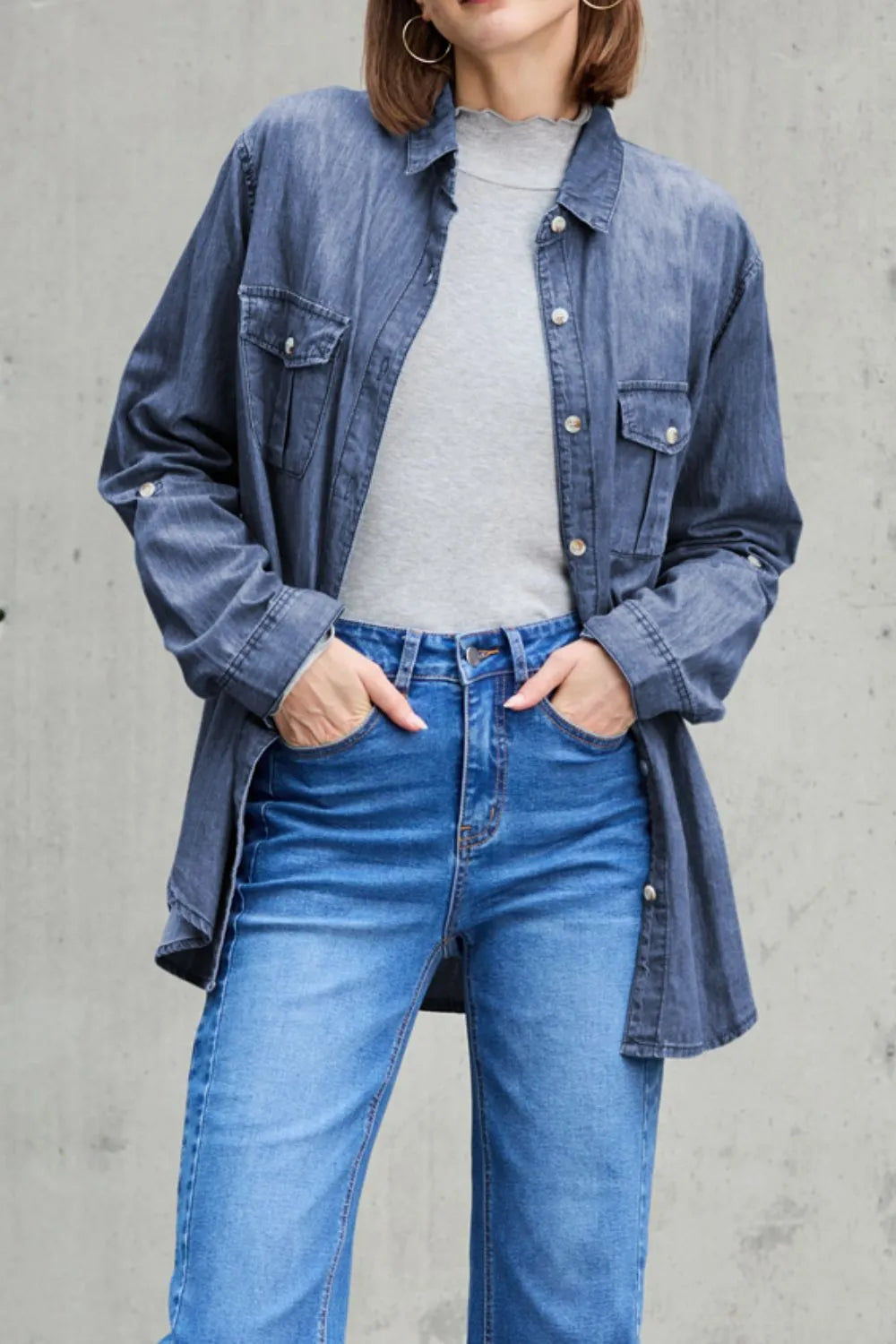 Pocketed Collared Neck Long Sleeve Denim Top (11)