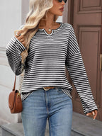 Striped Notched Long Sleeve T-shirt (11)