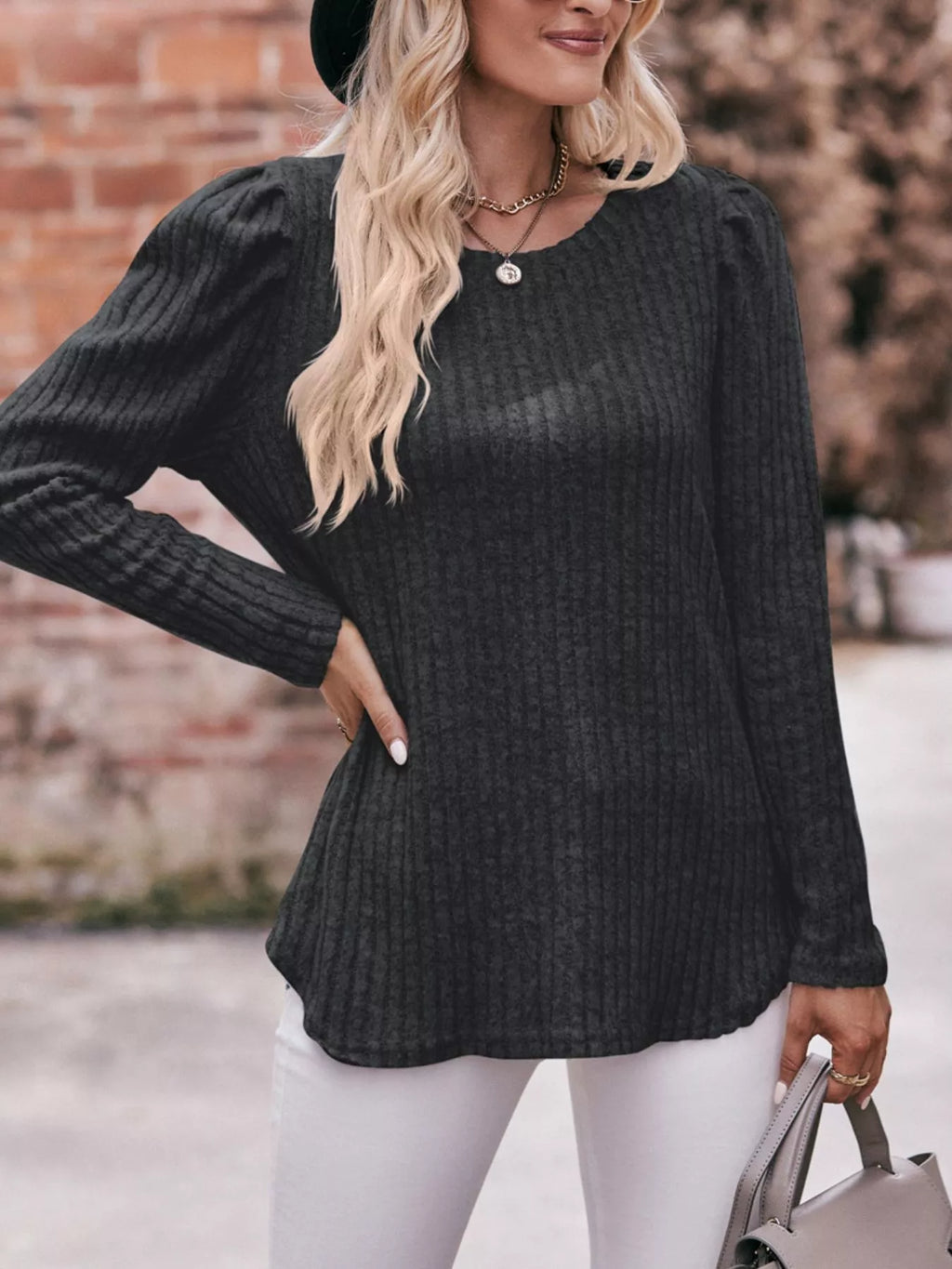 Ribbed Knit Puff Sleeve T-shirt (10)