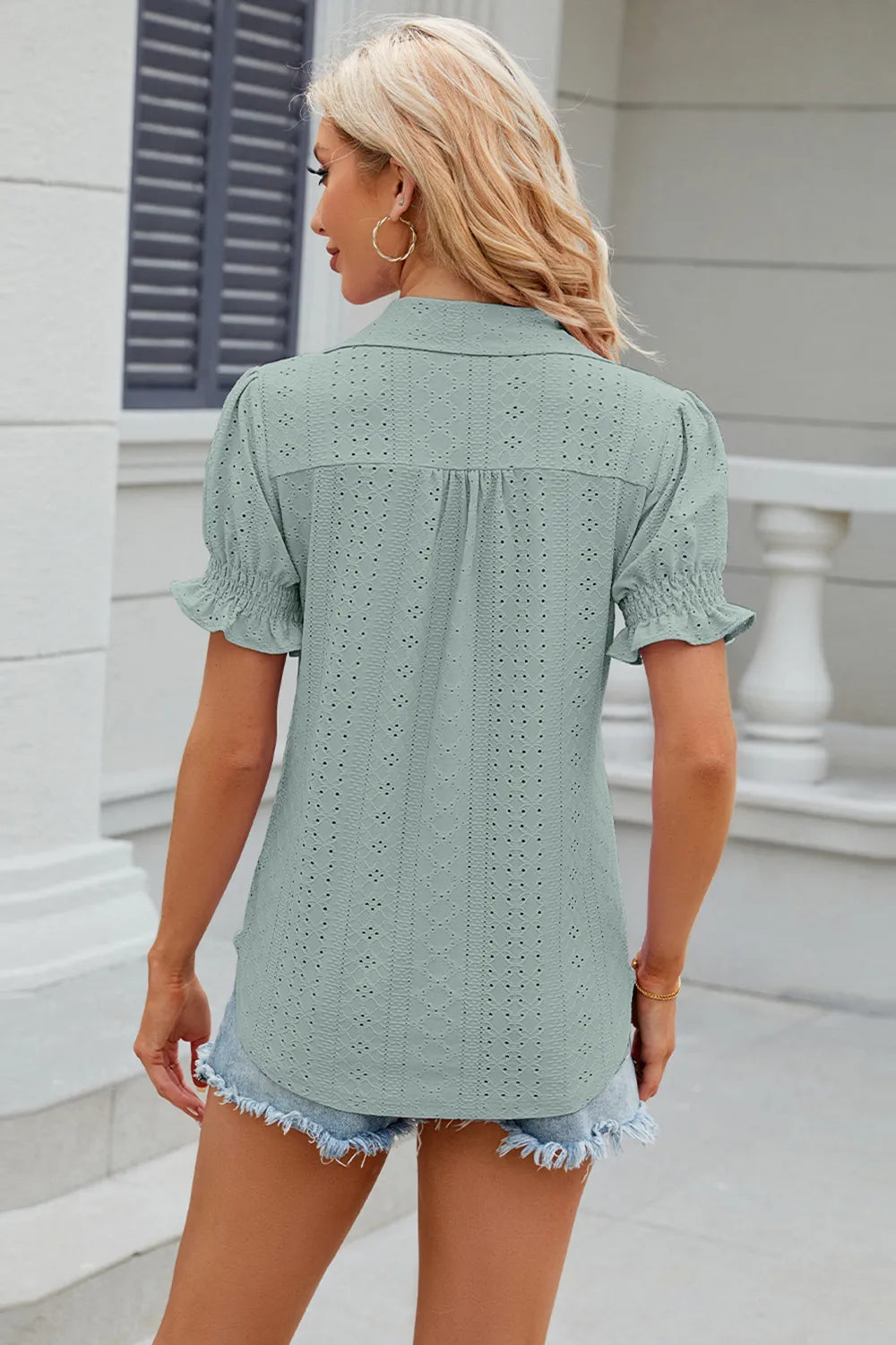 Eyelet Johnny Collar Short Sleeve Blouse (12)