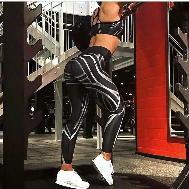 Black White Striped Printed Yoga Pants photo 3