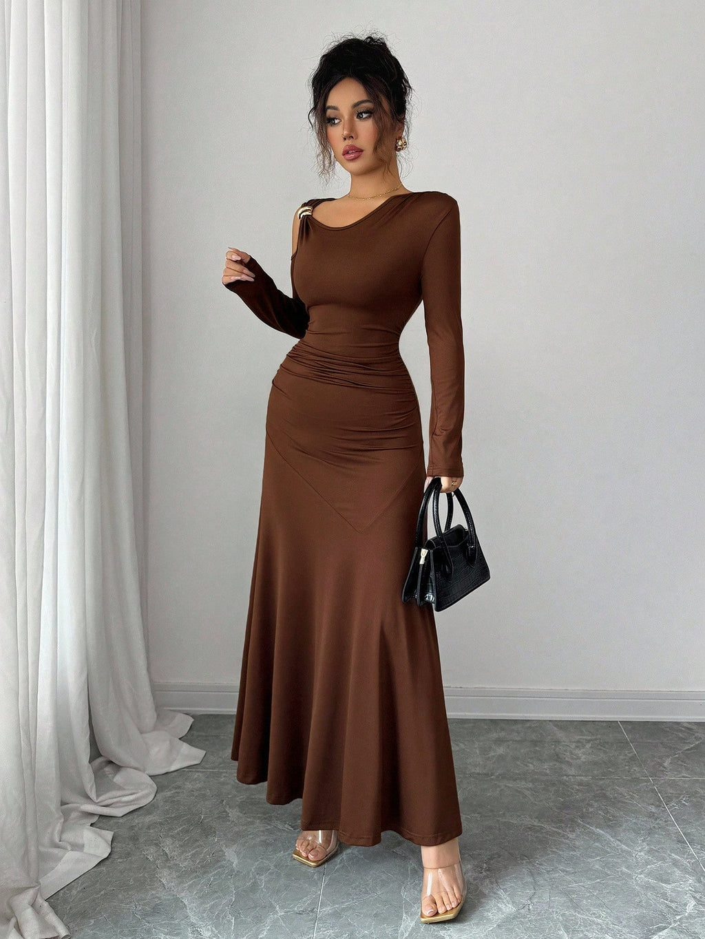 Solid-color Off-shoulder Long-sleeve Dress variant CJLY263959201AZ|CJLY263959202BY|CJLY263959203CX|CJLY263959204DW