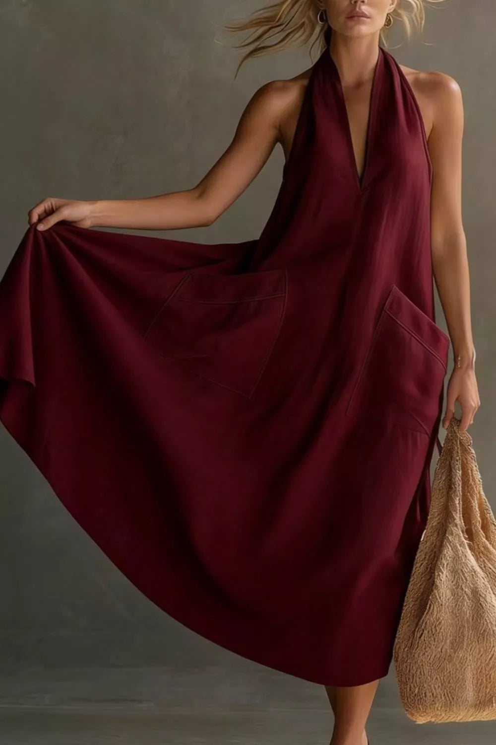 Casual Halter Neck Pocket Midi Dress (21)