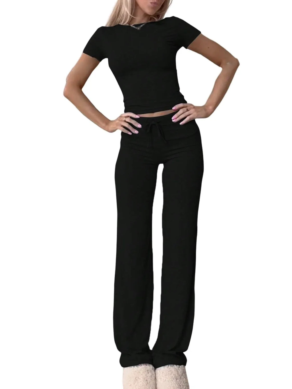 Round Neck Short Sleeve Top Pants Set (29)