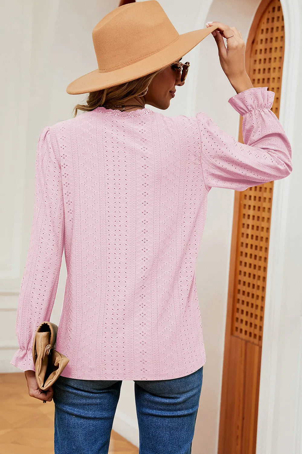 Eyelet V-neck Flounce Sleeve T-shirt (9)