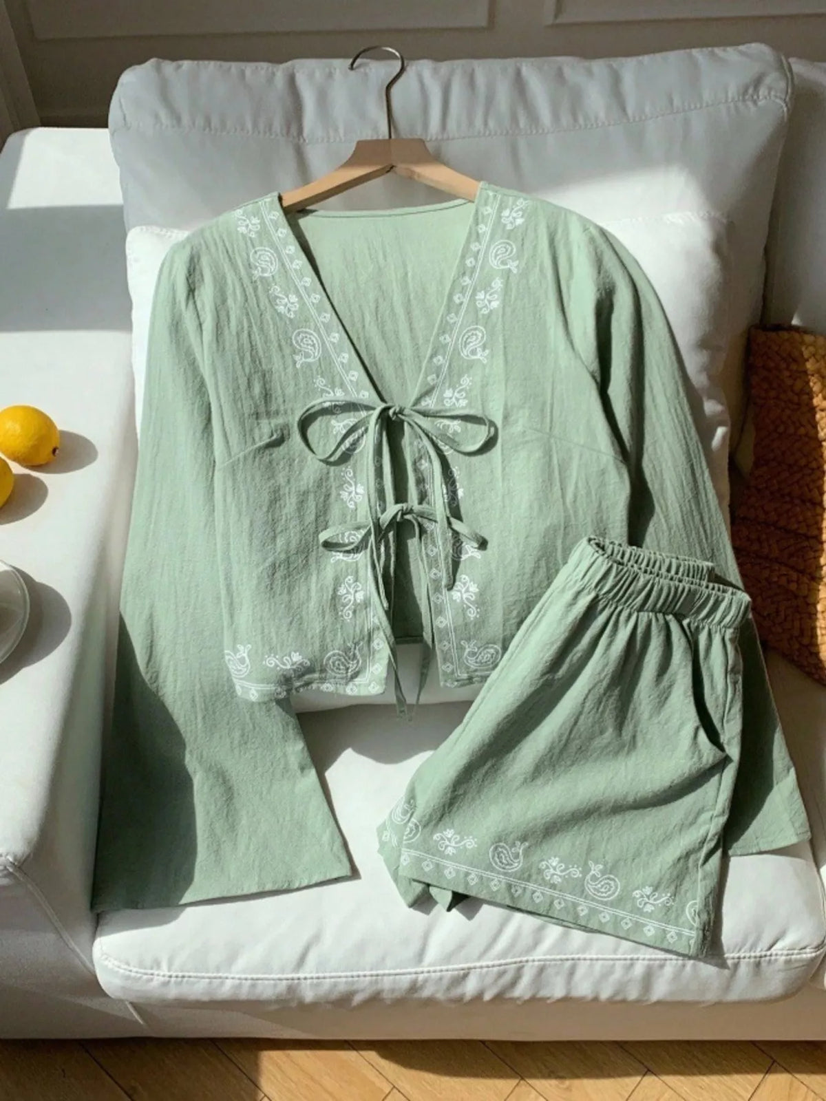 Embroidered Tie-front Top Shorts Set (11)