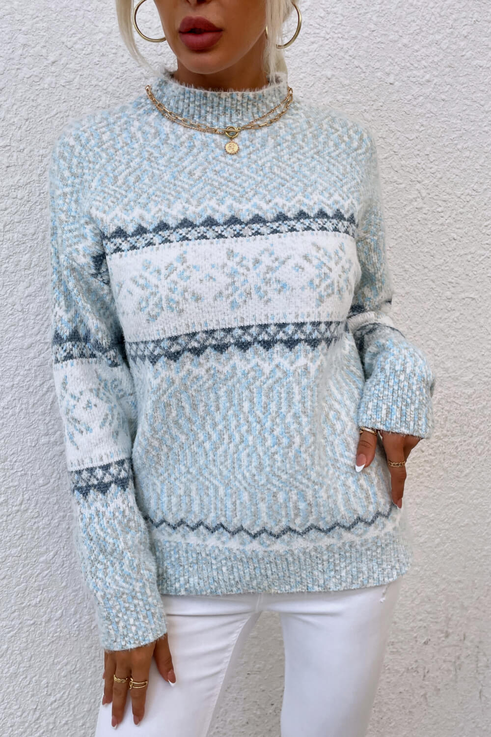 Snowflake Pattern Mock Neck Sweater (5)