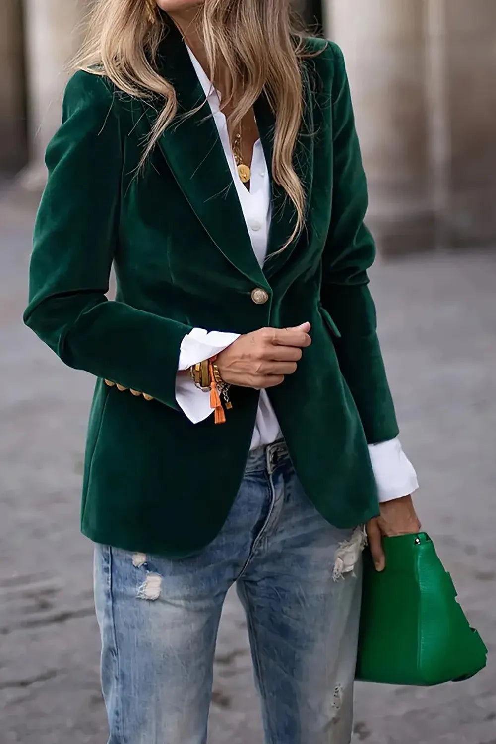 One Button Lapel Collar Long Sleeve Blazer (4)