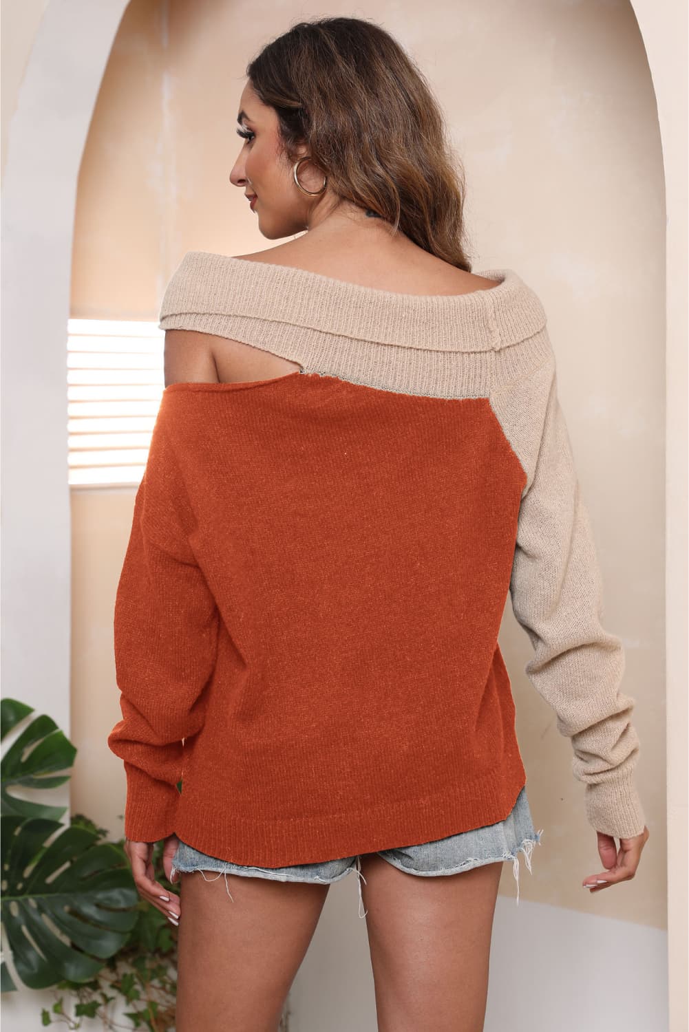 Asymmetrical Long Sleeve Two-tone Cutout Sweater (9)