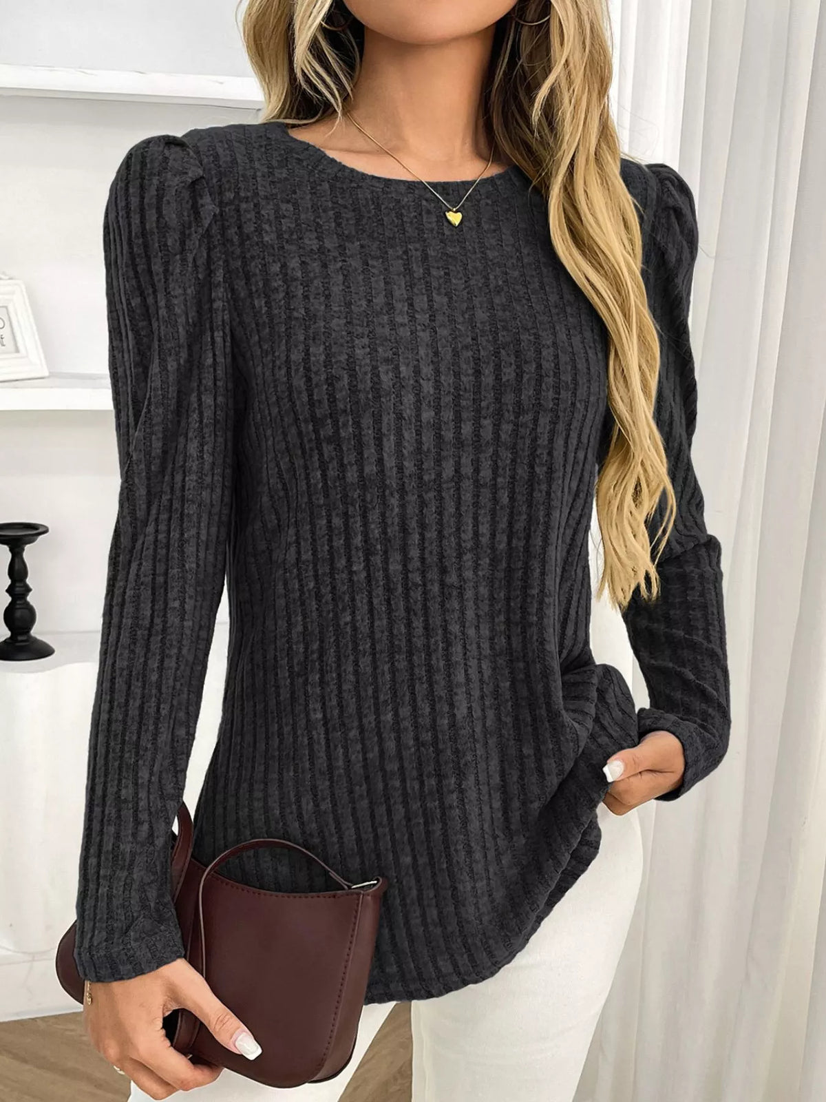 Round Neck Puff Sleeve T-shirt (10)