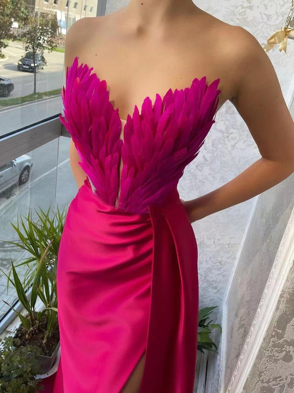 Feather Embellished Slit Maxi Dress (10)