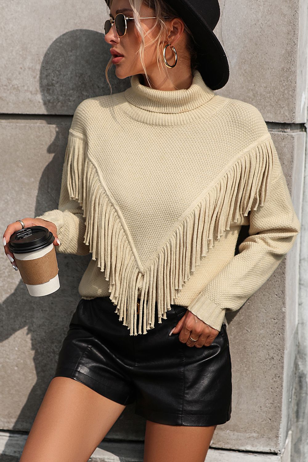 Turtle Neck Tassel Front Long Sleeve Pullover Sweater (21)