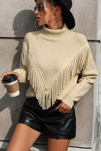 Turtle Neck Tassel Front Long Sleeve Pullover Sweater (21)