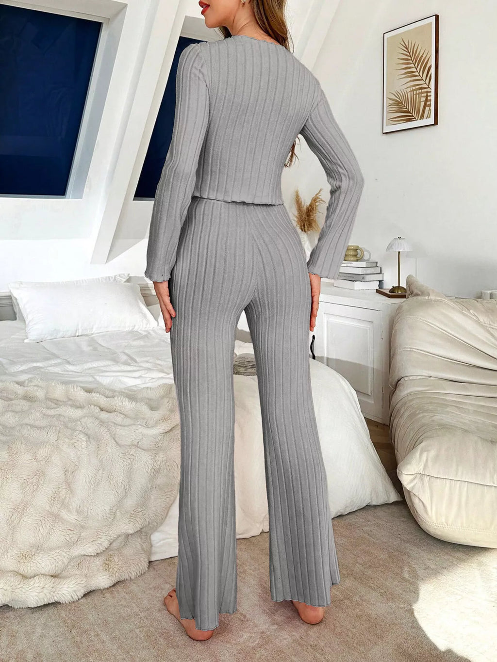 Bow Detail Ribbed Knit Top Pants Lounge Set (16)