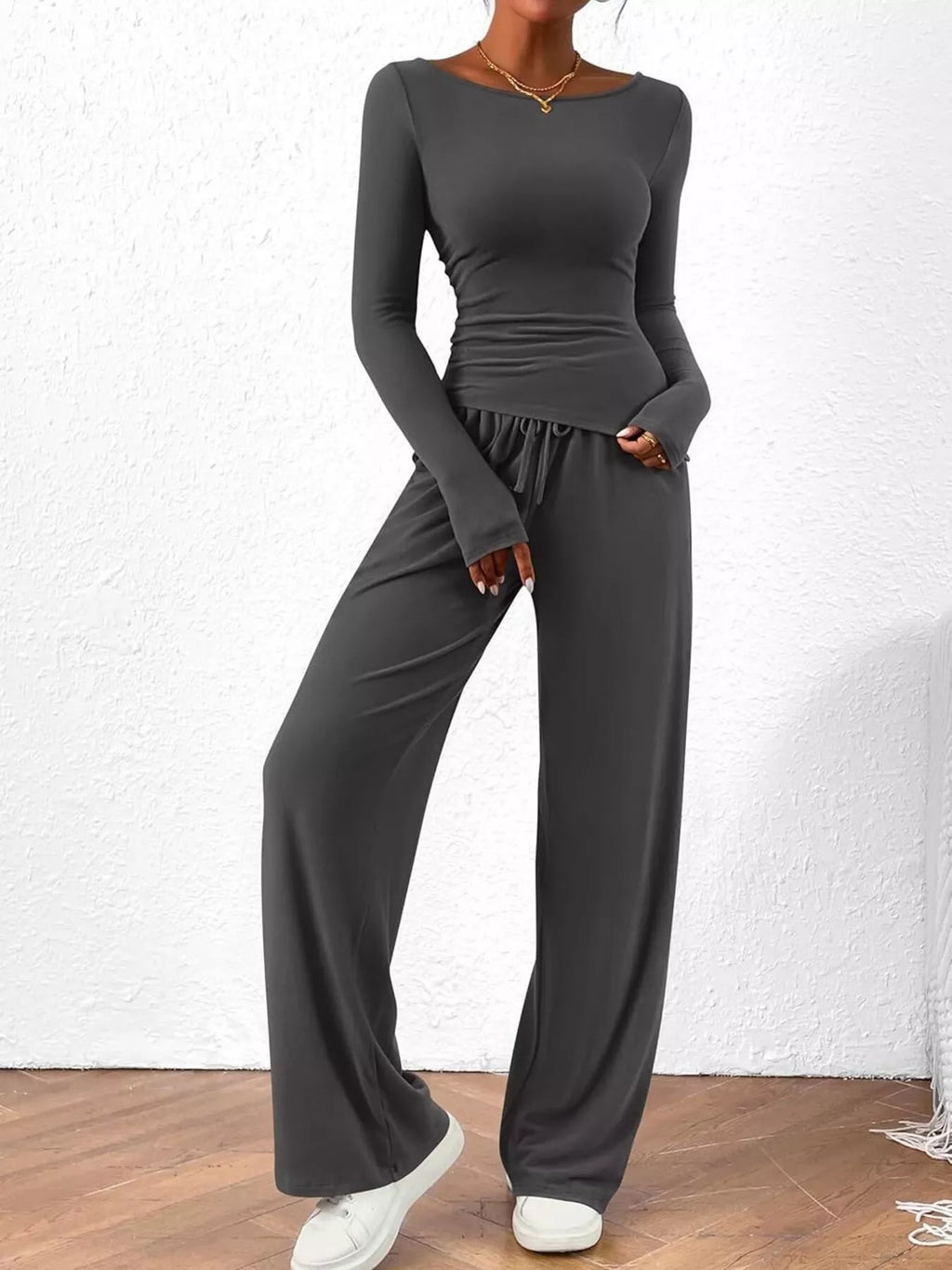 Long Sleeve Top Wide Leg Pants Set (23)
