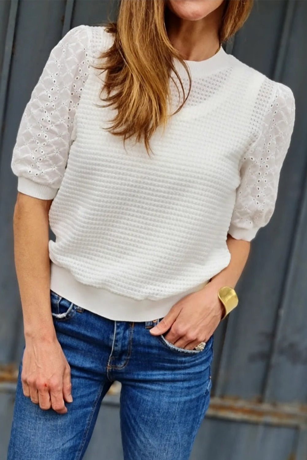 White Broderie Anglaise Puff Sleeve Waffle Knit Tee photo 4