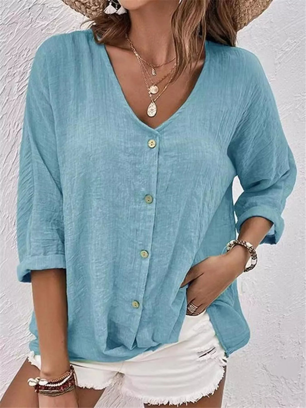 Full Size Casual V-neck Button-down Blouse Plus
