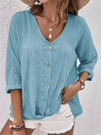 Full Size Casual V-neck Button-down Blouse Plus
