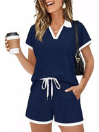 Polo Collar Short Sleeve Top Shorts Set (2)