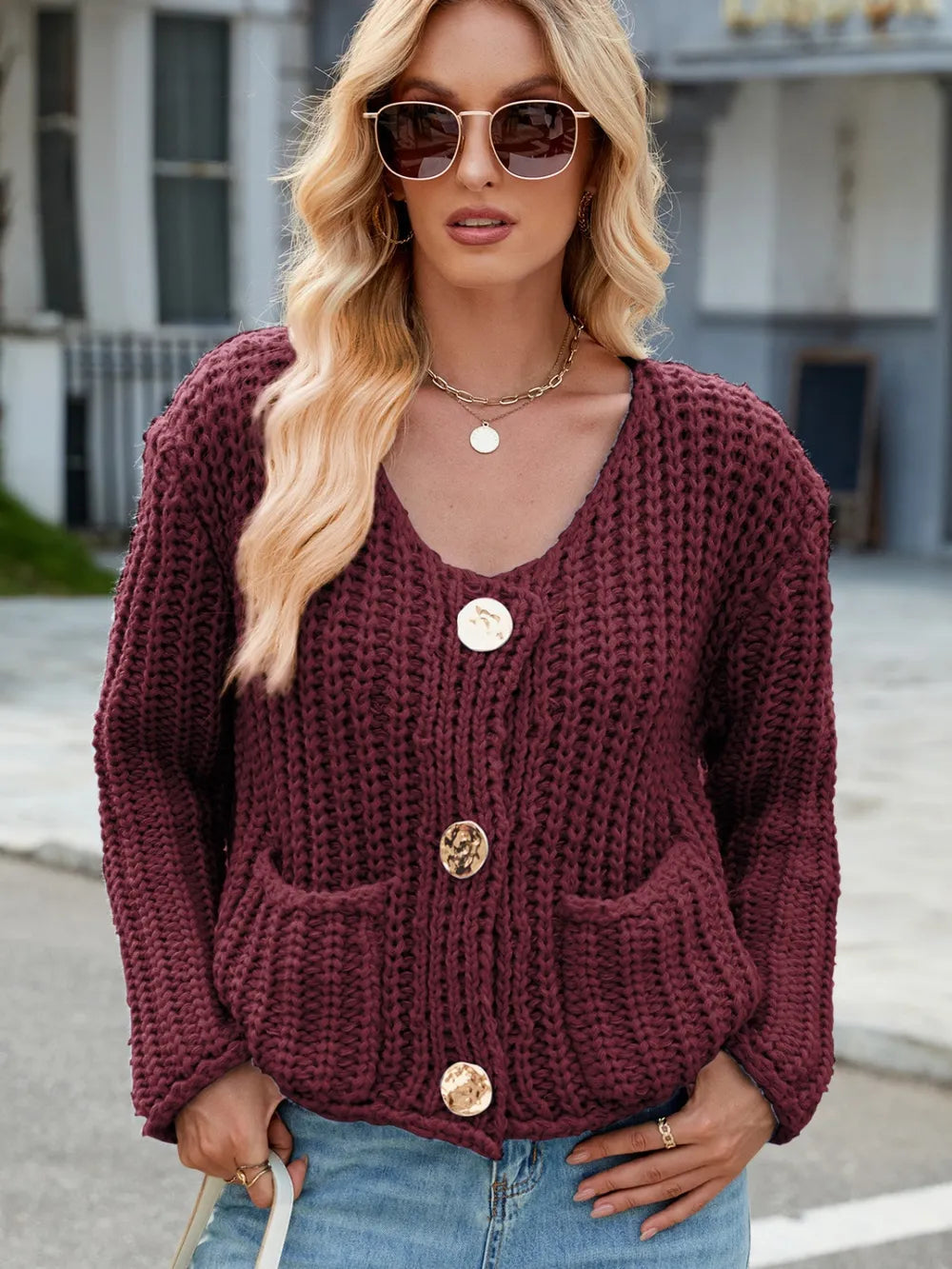 Round Neck Button Up Cardigan Pockets (7)