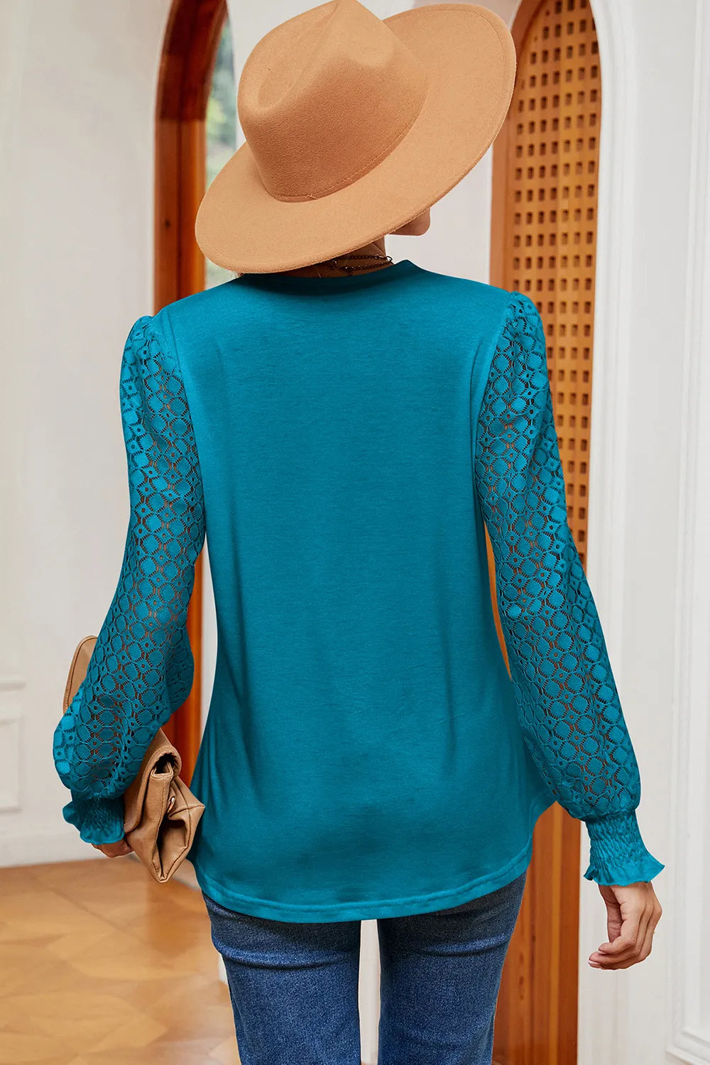 Openwork V-neck Long Sleeve T-shirt (15)