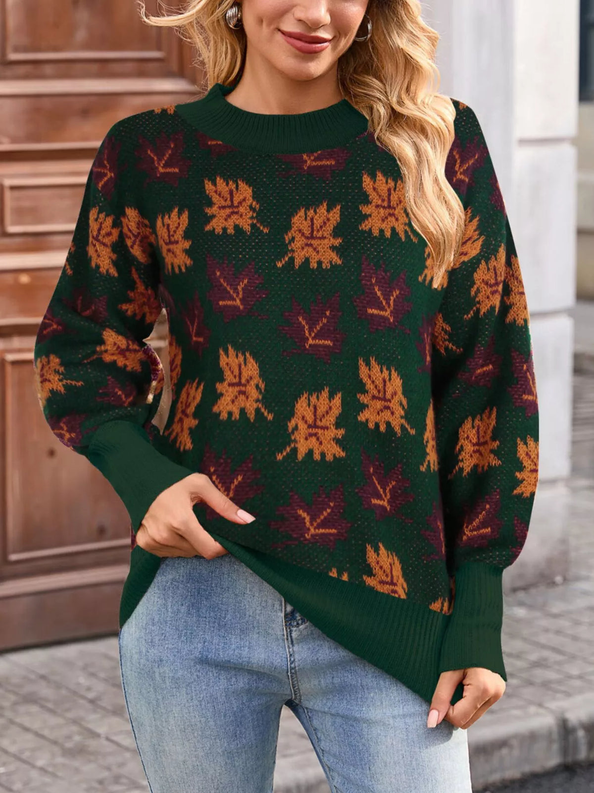 Autumn Leaf Pattern Mock Neck Sweater (7)