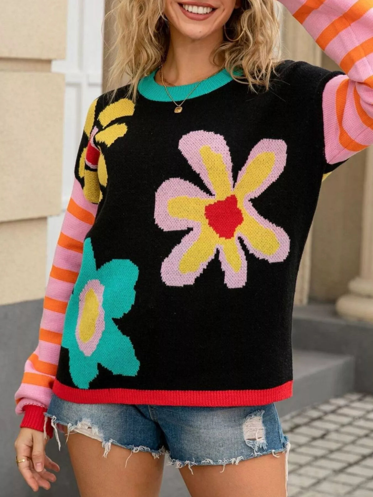 Floral Striped Crew Neck Sweater (10)