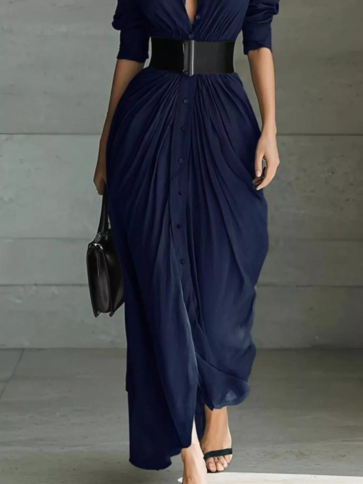 Full Size Button Front Ruched Shirt Maxi Dress Plus (10)