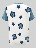 Denim Patchwork Short Sleeve Blouse (4)