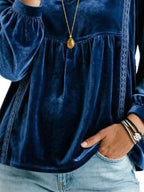 Full Size V-neck Long Sleeve Velvet Blouse Lace Trim Plus (6)
