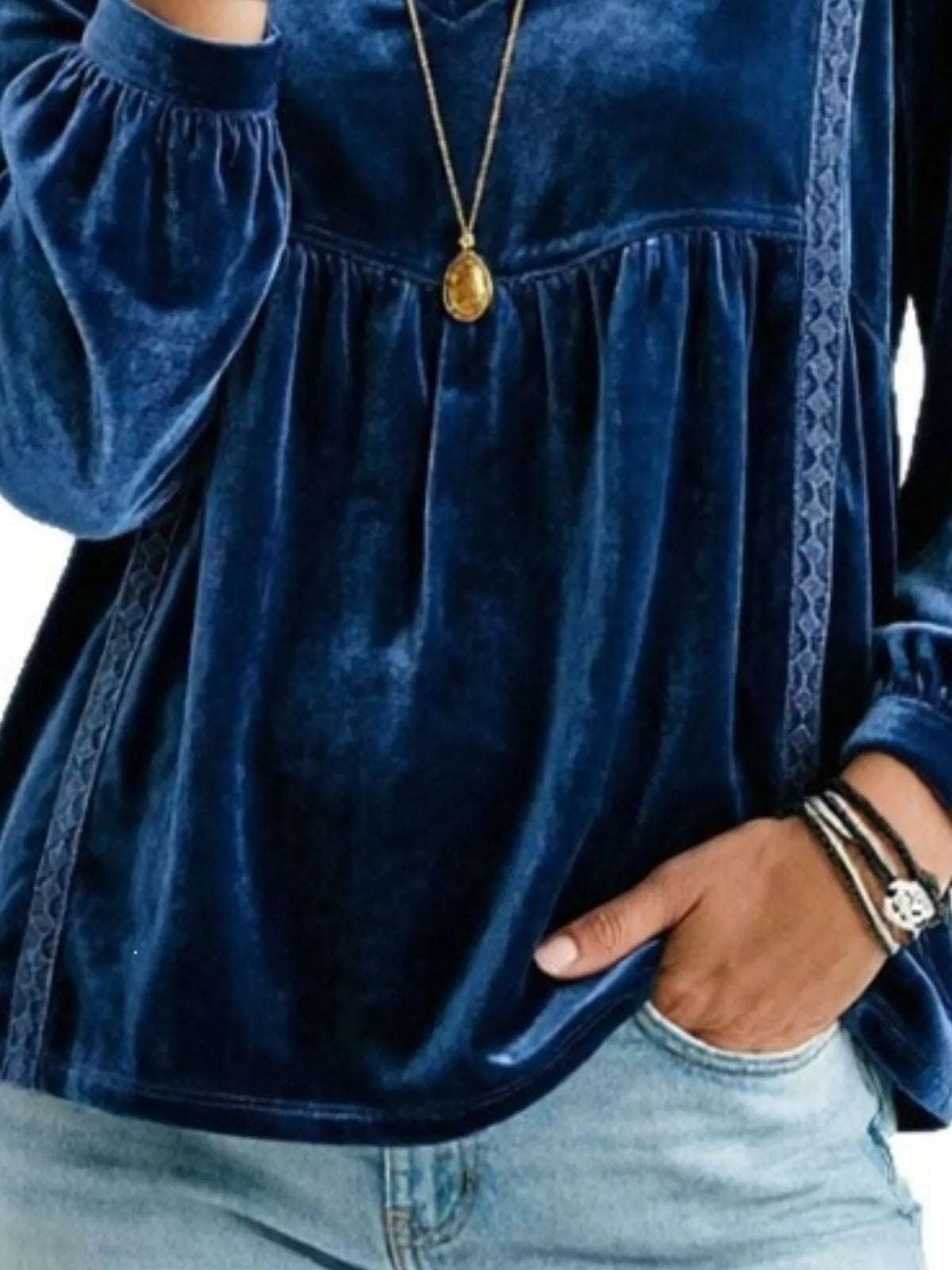 Full Size V-neck Long Sleeve Velvet Blouse Lace Trim Plus (6)